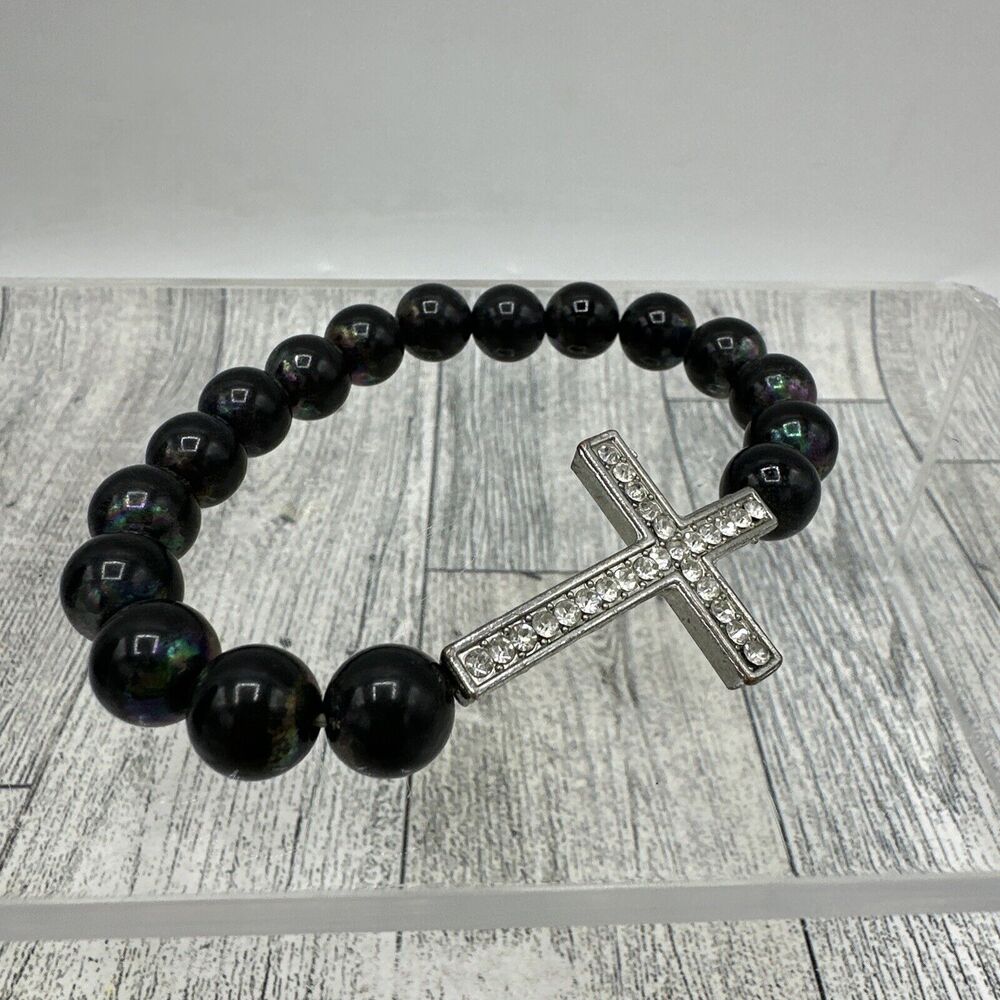 Stretch Bracelet Religious Cross Black Beaded Costume Fashion Jewelry Rhinestone